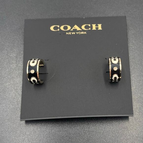 Coach Signature Black Enamel Glass Hoop Huggie Earrings New - Picture 1 of 7